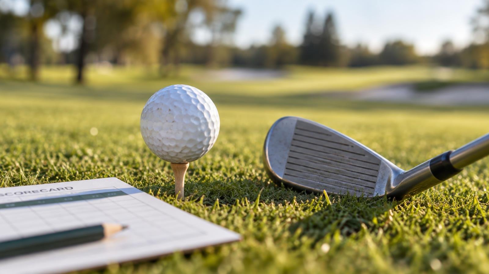 A golf ball on a tee beside a golf club iron on a green fairway.