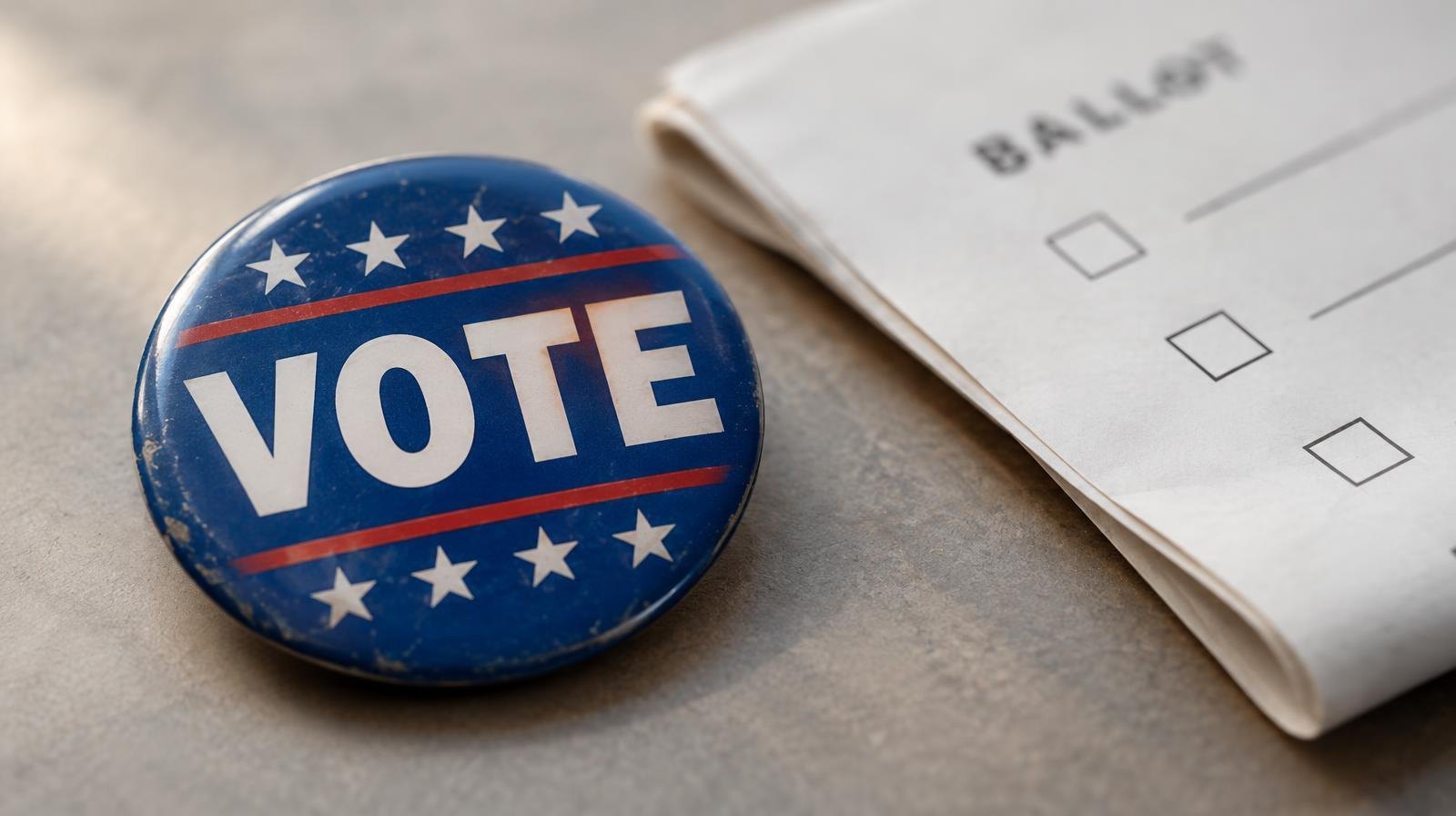 A blue Vote button badge resting next to a folded paper ballot on a plain surface.