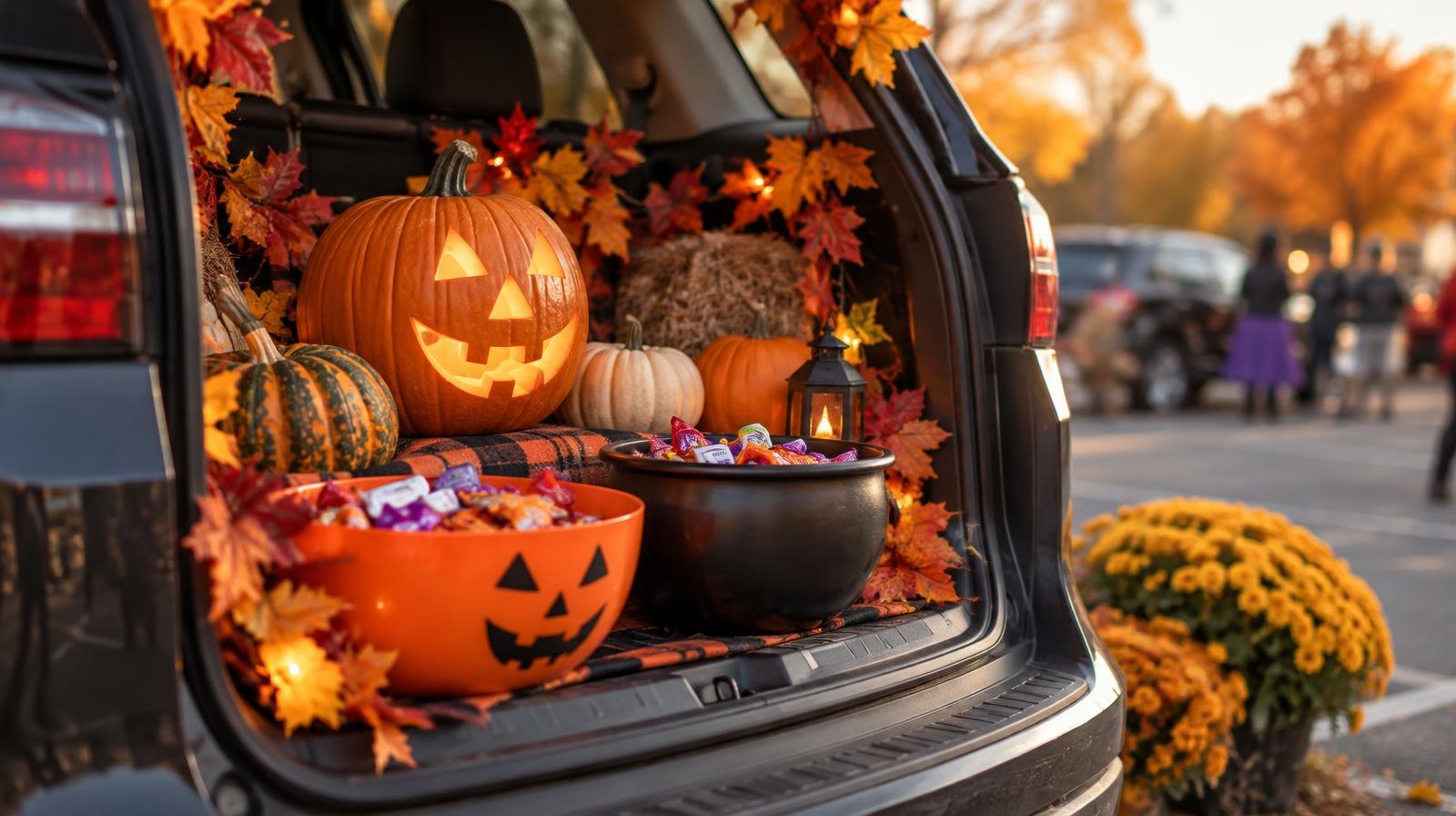 A car trunk decorated with Halloween pumpkins and candy bowls in a parking lot at dusk.