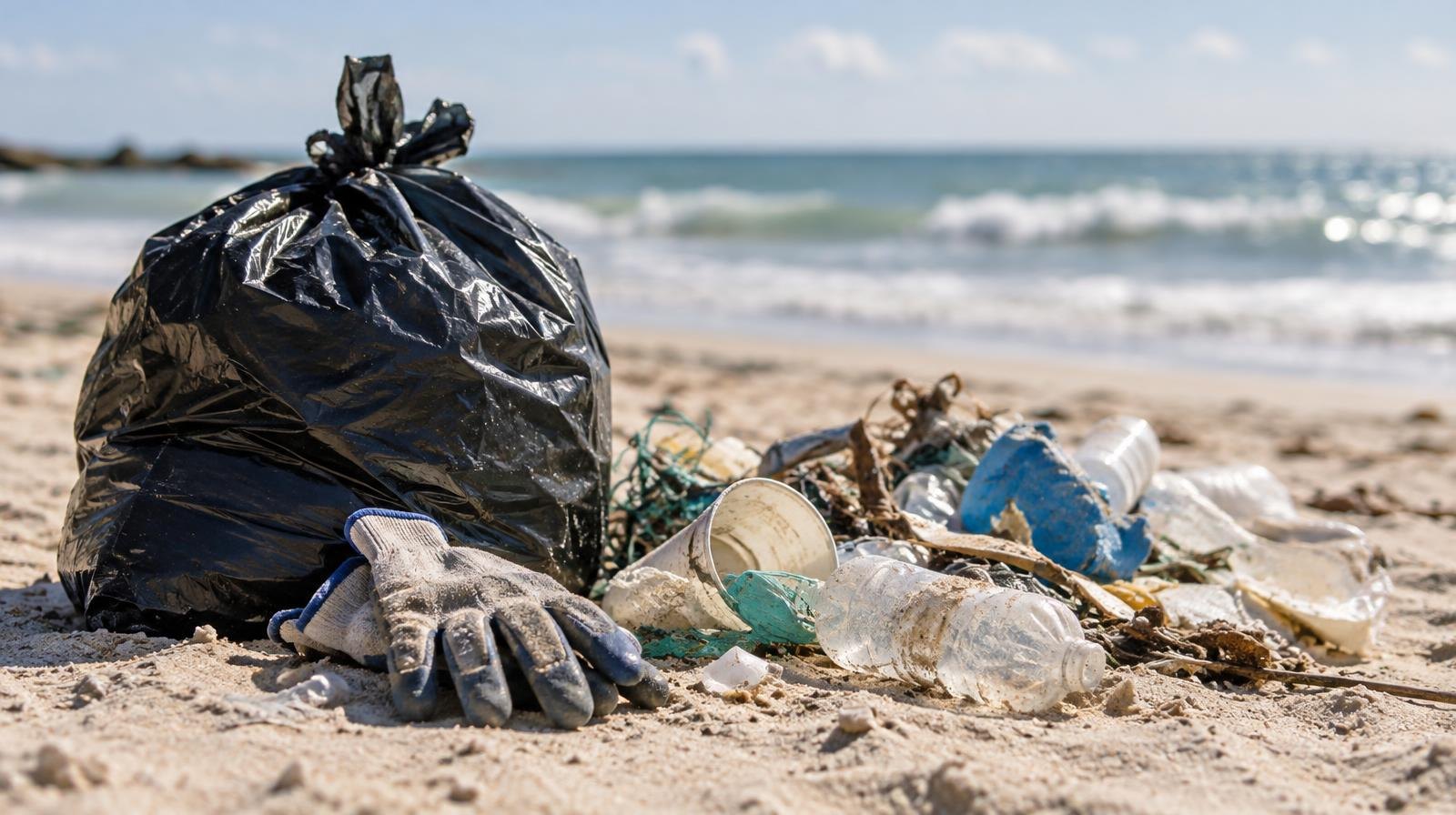 Filled trash bag and work gloves resting on a sandy beach near ocean waves.