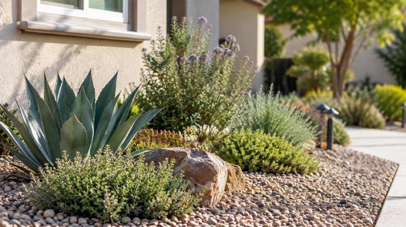 Gravel mulch and low succulents planted in a neat border near a house foundation.