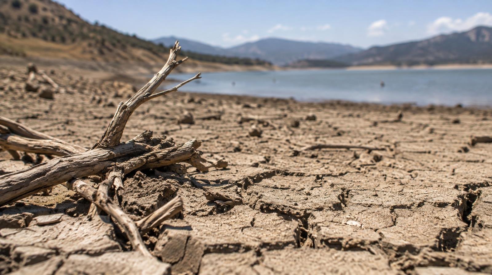 Cracked dry lakebed with a thin band of water visible at the far edge.