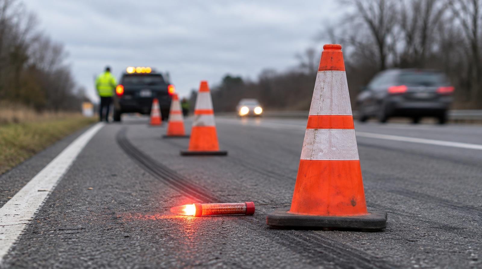 Orange traffic cones and a road flare on a highway shoulder with skid marks on the asphalt.