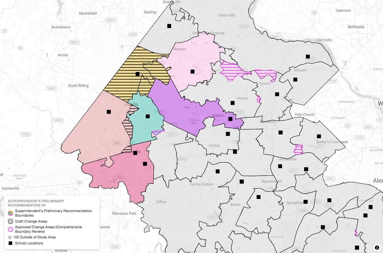 Color-coded map of western Fairfax County showing proposed school boundary changes with colored regions and school locations marked.
