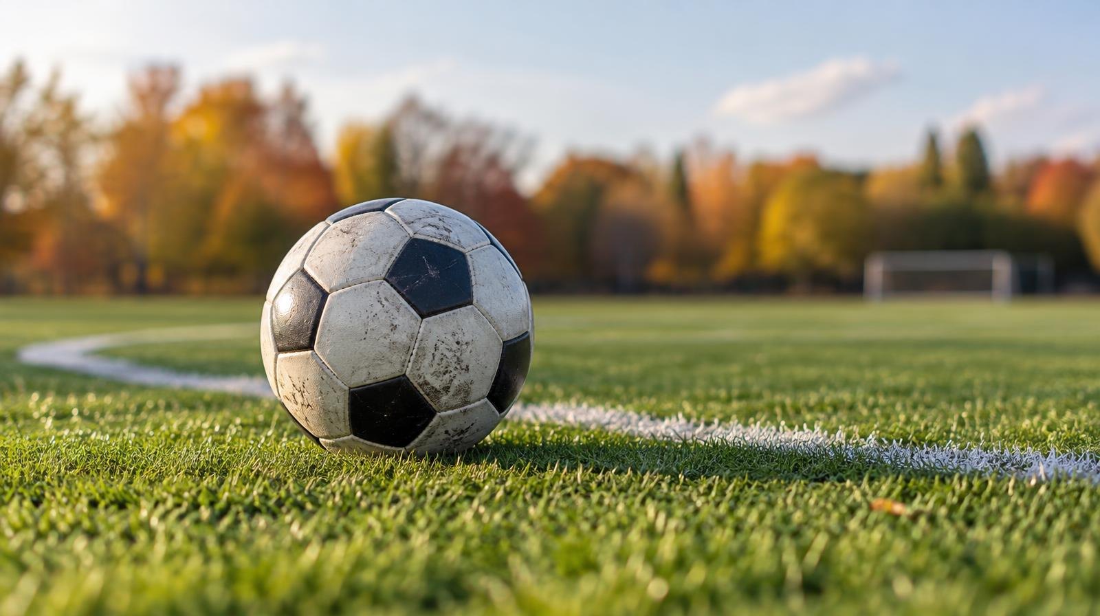 A black-and-white soccer ball resting on a green grass field near the center circle.