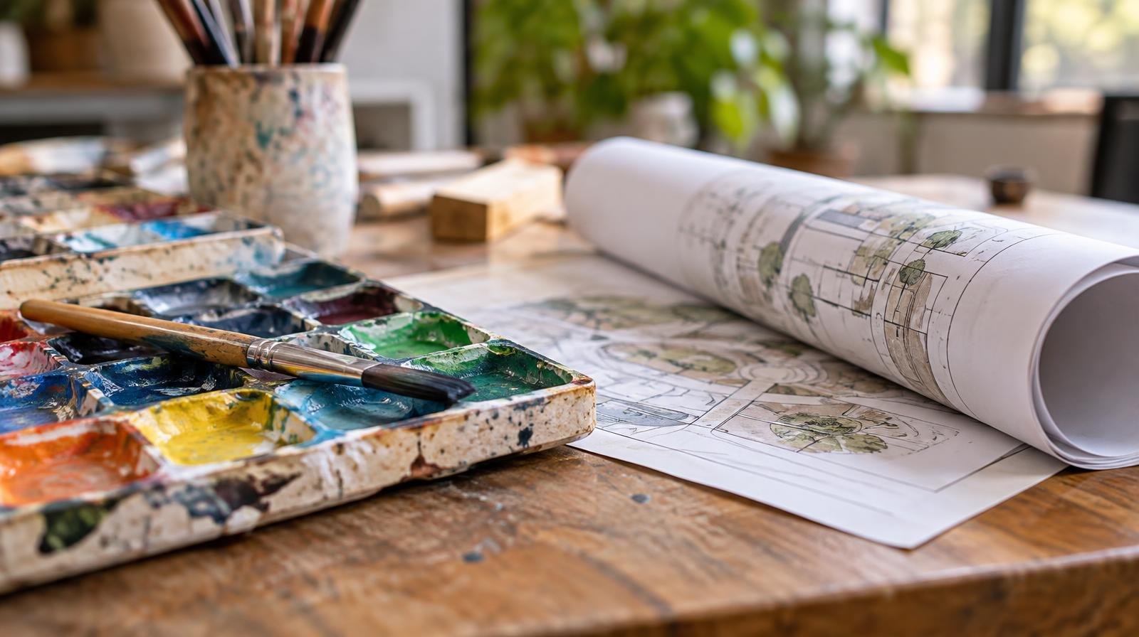 Paintbrush resting on a colorful palette beside a rolled sketch on a wooden table.