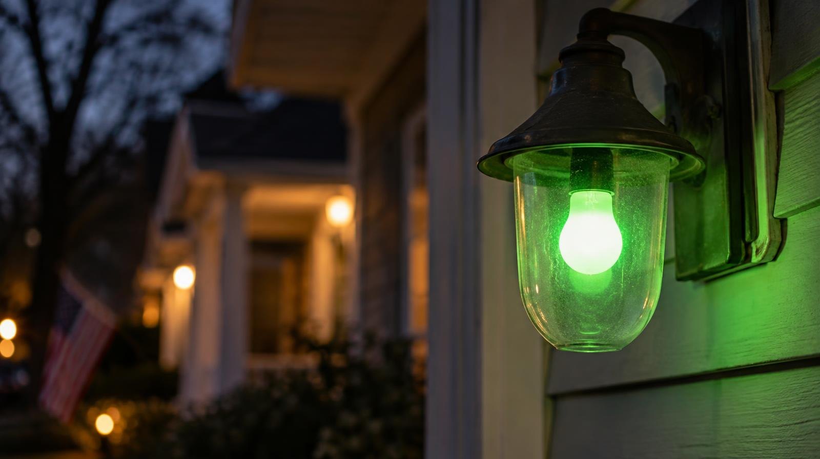A glowing green light bulb mounted on a porch fixture at night.
