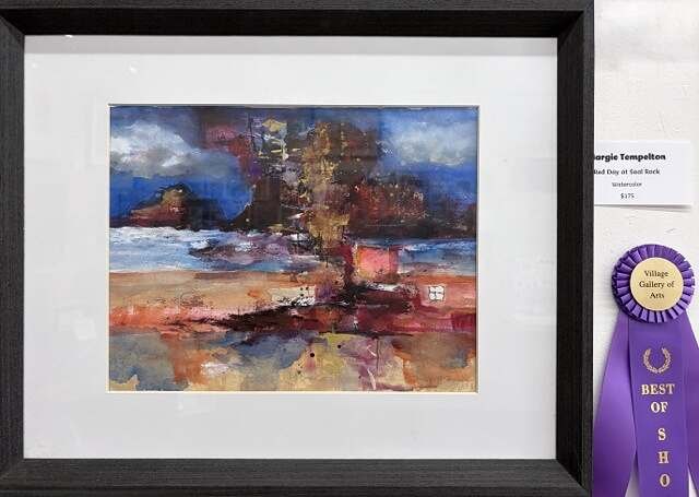 Framed painting on a wall beside a purple Best of Show ribbon.