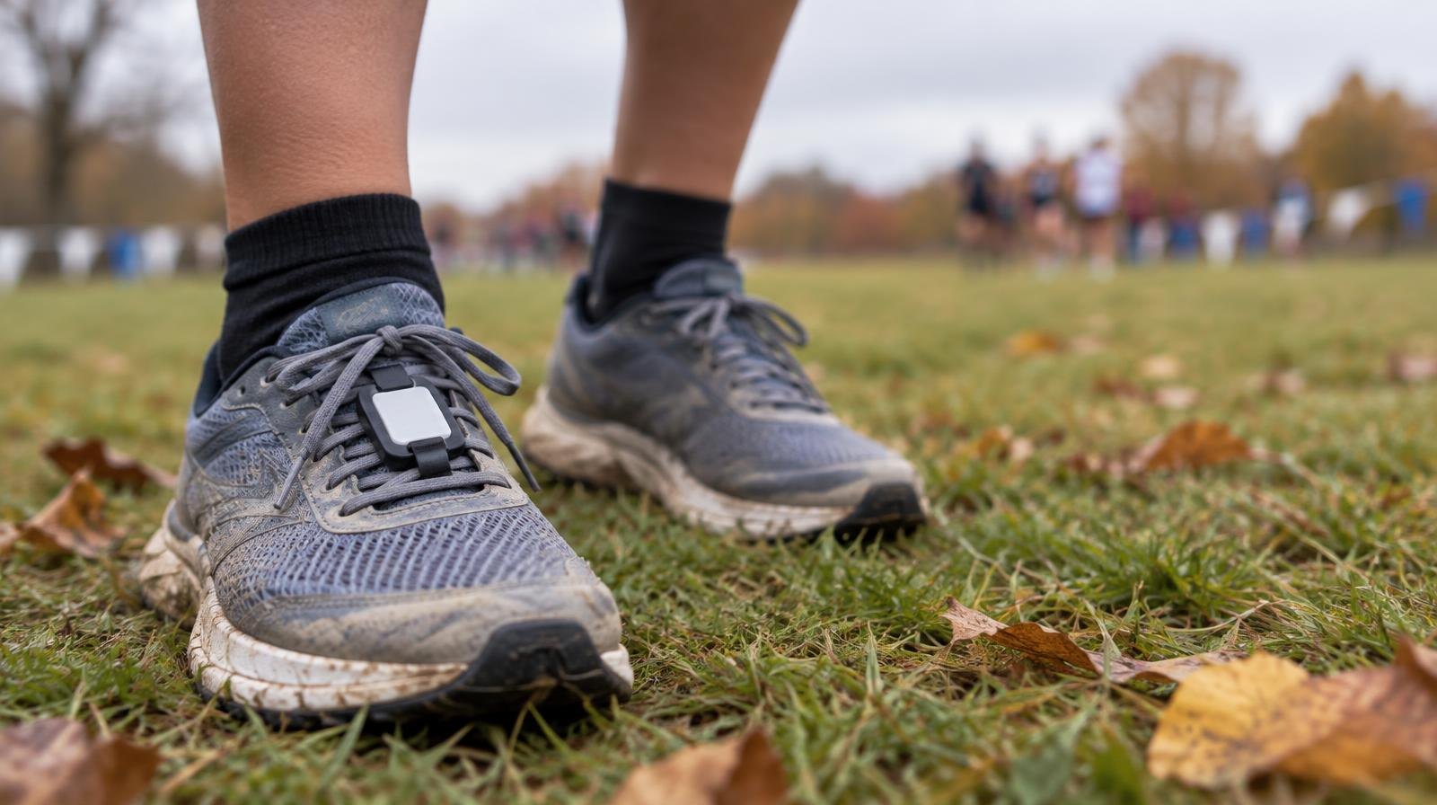 Running shoes with a timing chip on their laces rest on a grassy field.