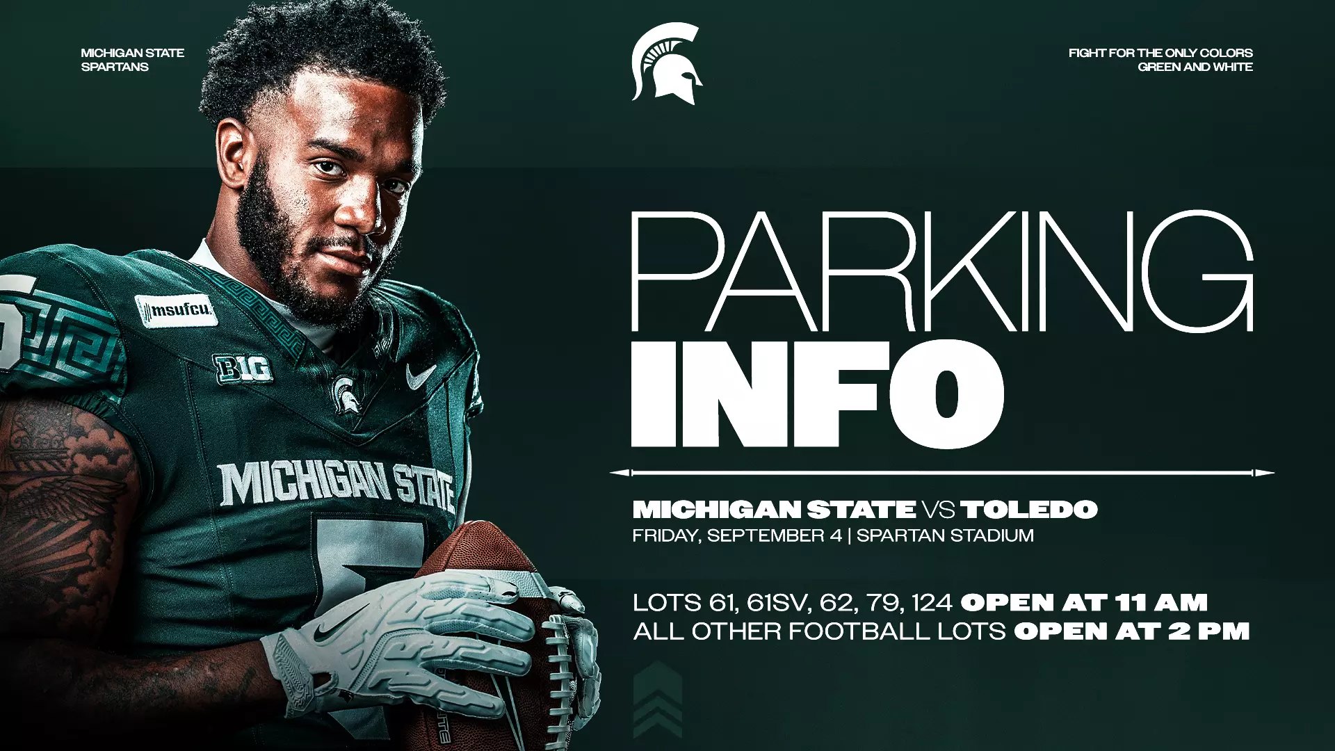 Infographic listing parking lot opening times for a Michigan State football game.