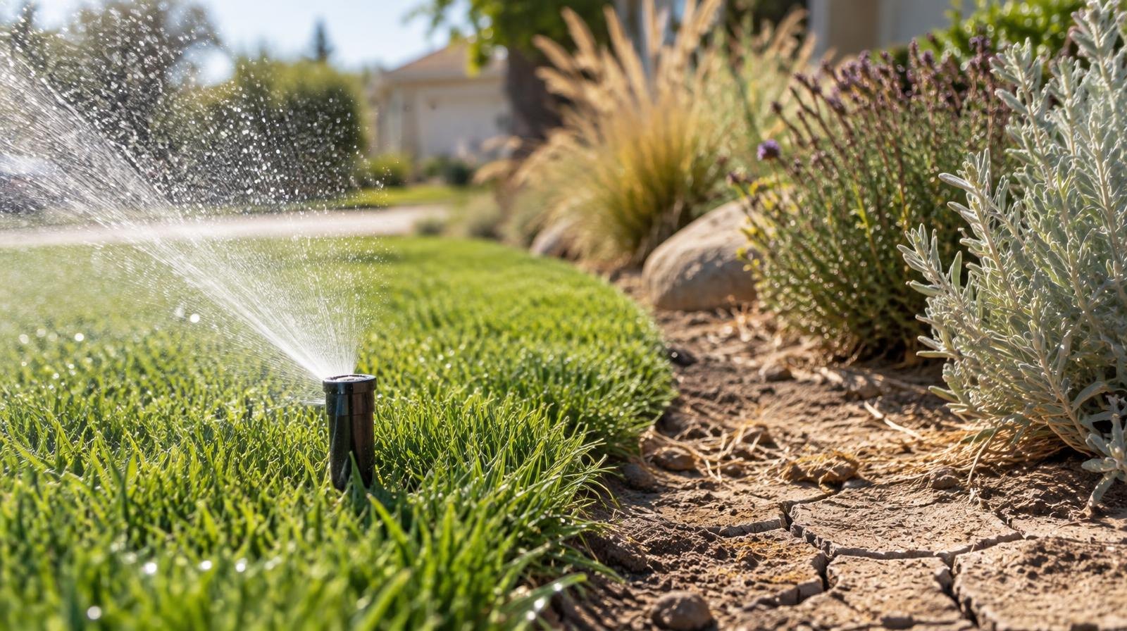 Sprinkler watering green lawn next to drought-tolerant plants and cracked dry earth.