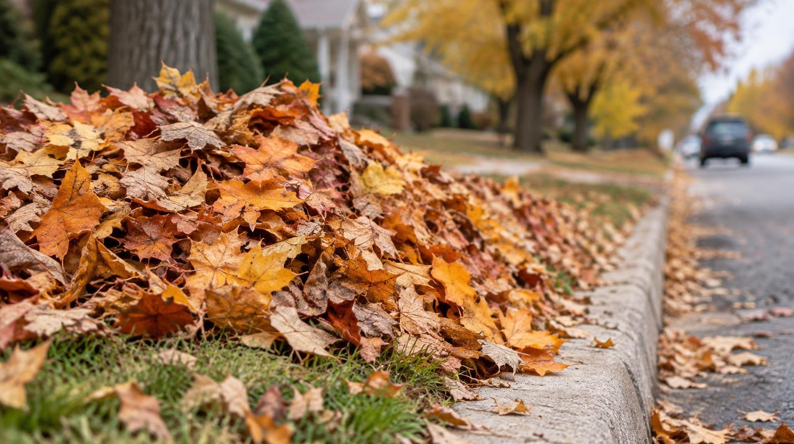 Large pile of orange and yellow autumn leaves on a grass strip beside a curb.