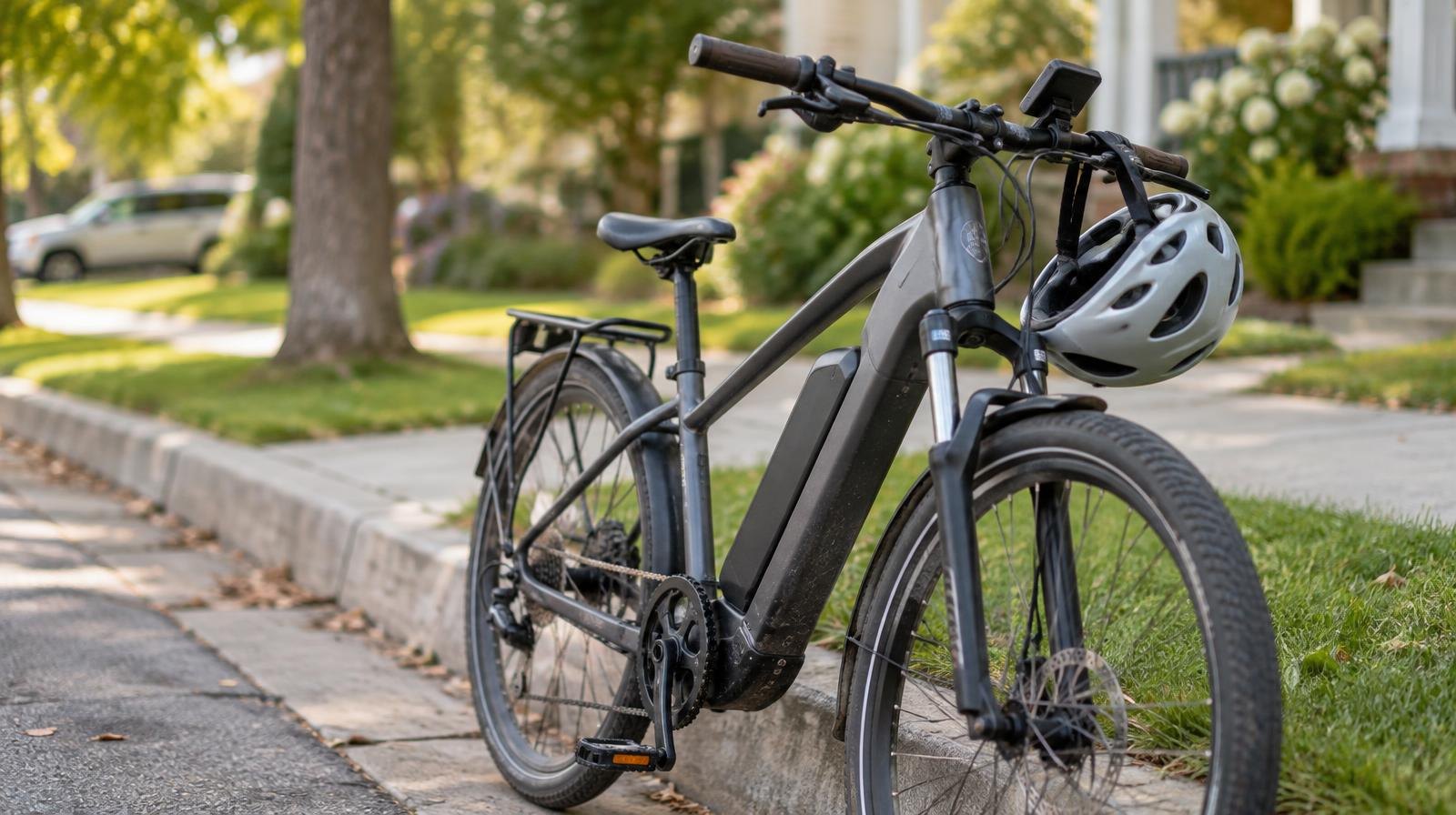 A modern electric bicycle leaning against a curb with a helmet on the handlebars.