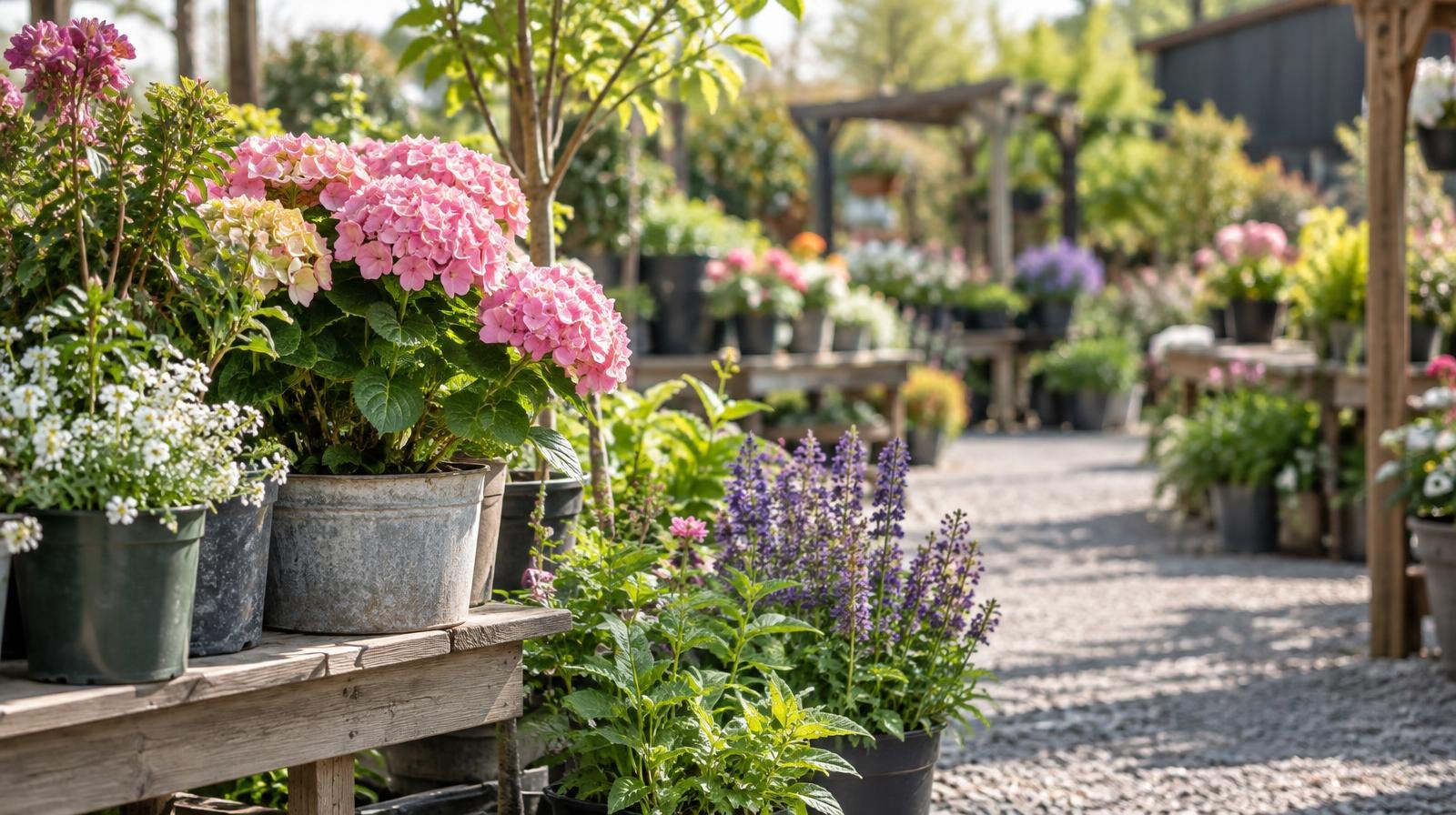 Potted flowering plants and small trees arranged on wooden benches at a garden nursery.