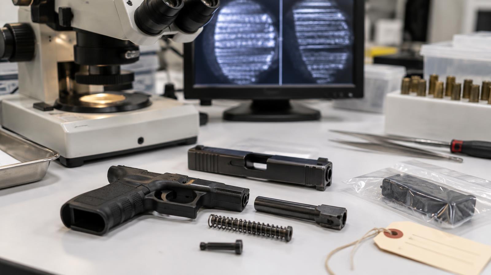 Disassembled handgun and ballistic microscope on a forensic laboratory workbench.