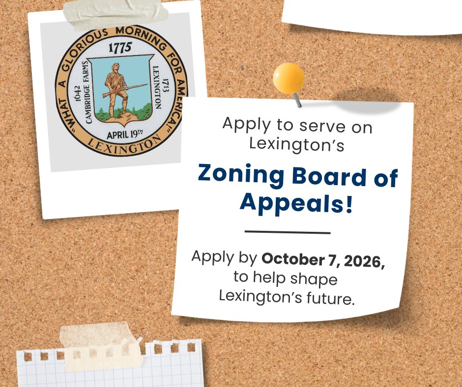 Recruitment flyer pinned to a corkboard advertising open seats on the Lexington Zoning Board of Appeals.