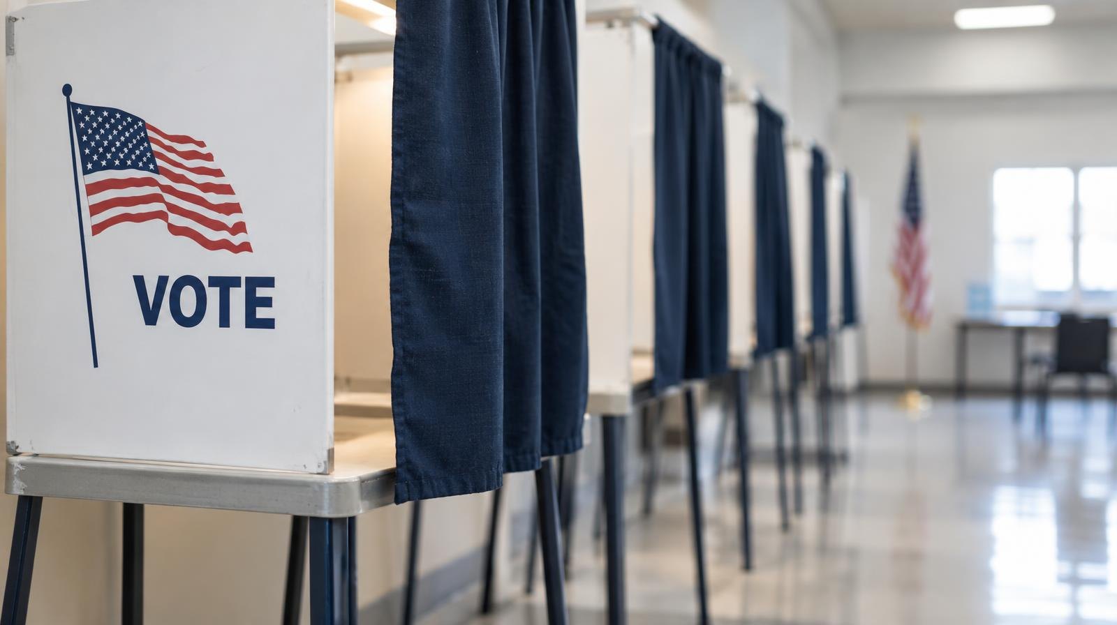 A row of empty voting booths with privacy curtains inside a polling place.