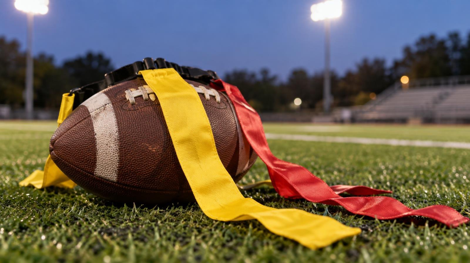 A football with colorful flag belts draped over it on green artificial turf.