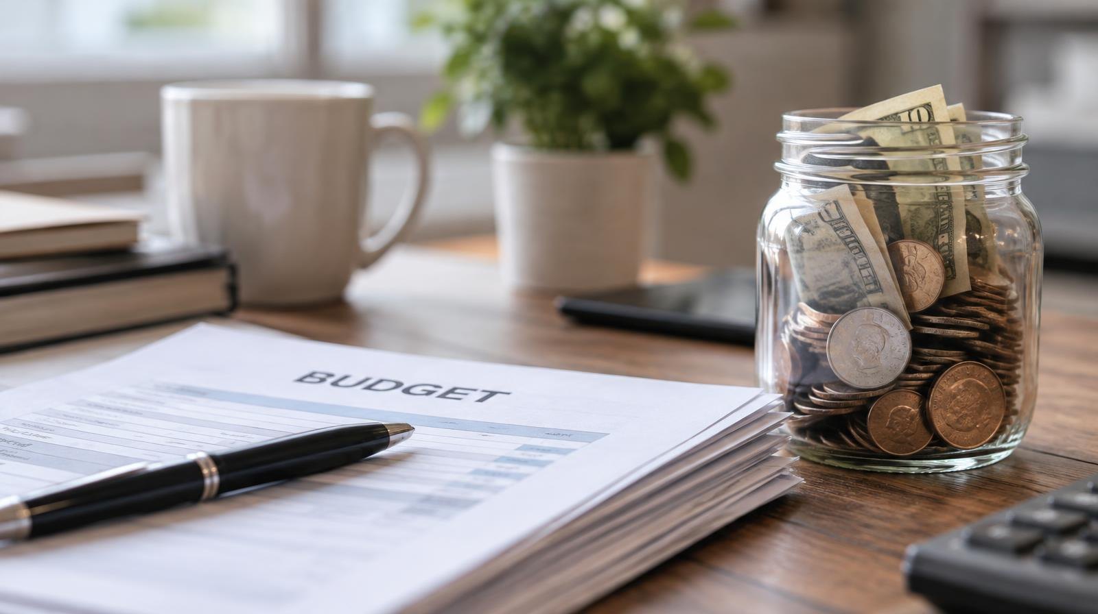 Stack of papers and pen beside a jar of coins and folded paper money on a wooden desk.