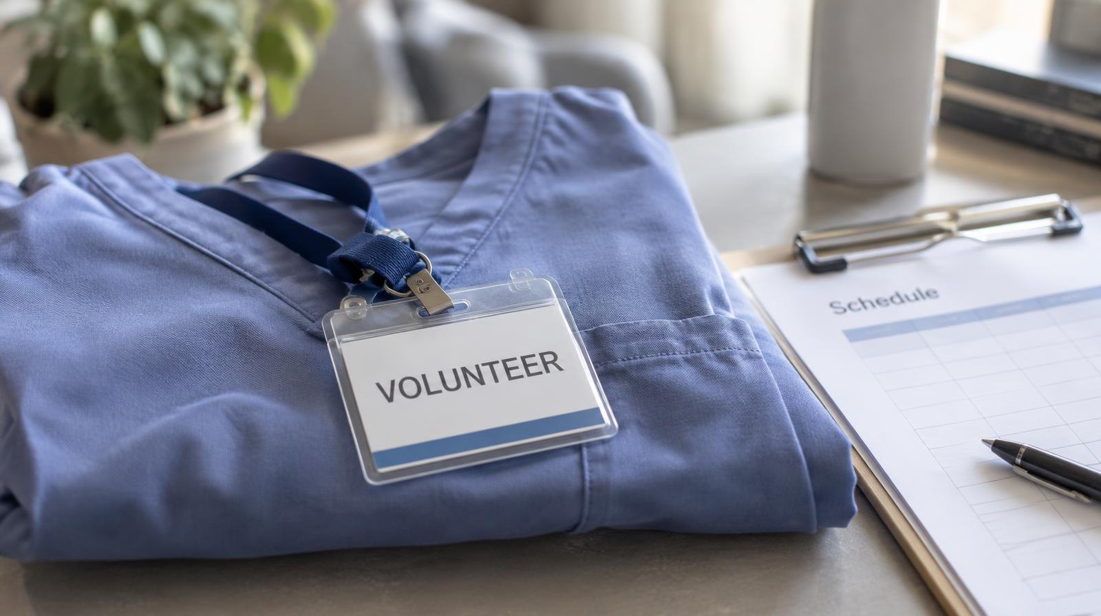 A hospital volunteer badge and lanyard resting beside a clipboard on folded scrubs.