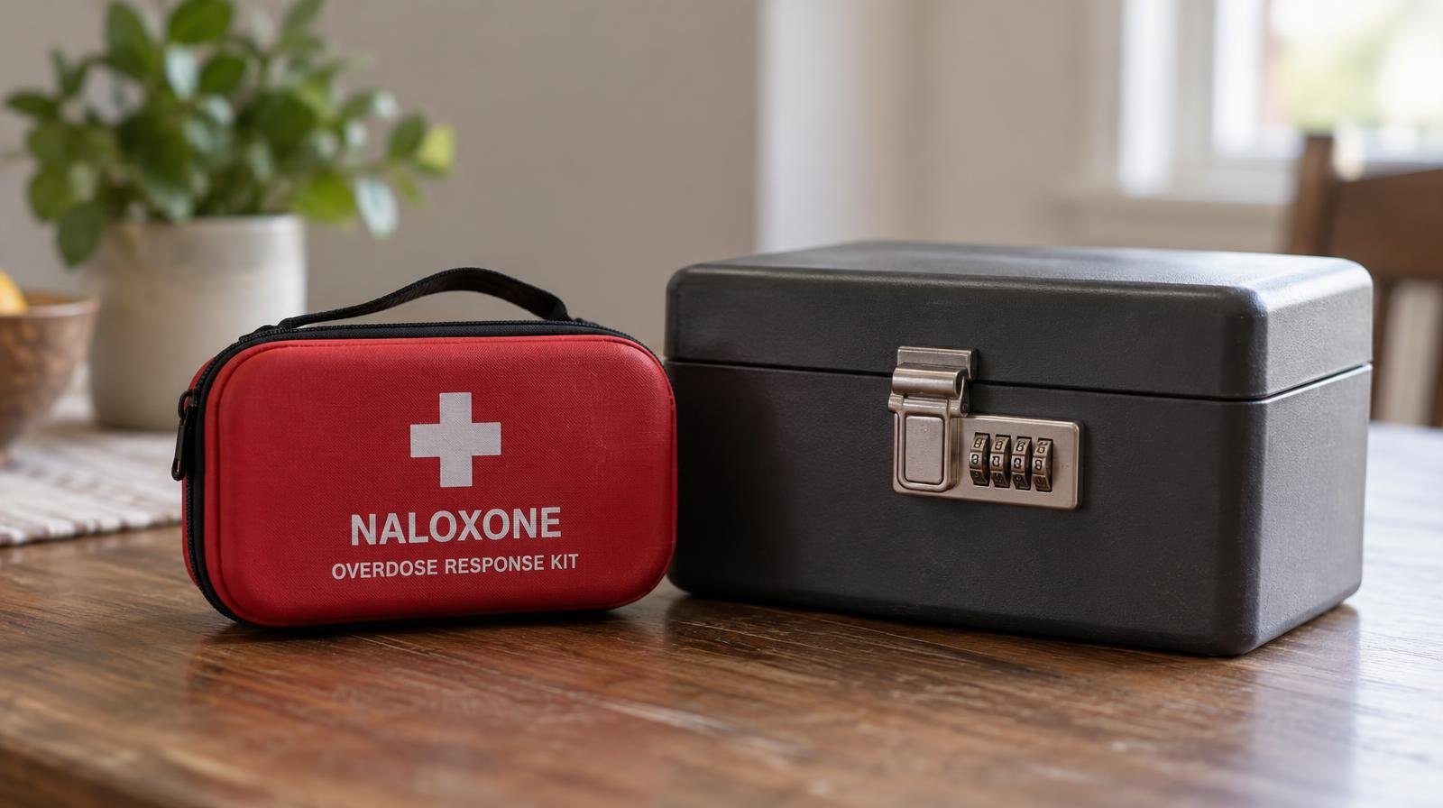 A naloxone kit and a locked storage box resting on a table.