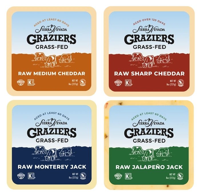 Four packaged raw milk cheese varieties displayed in a two-by-two grid.
