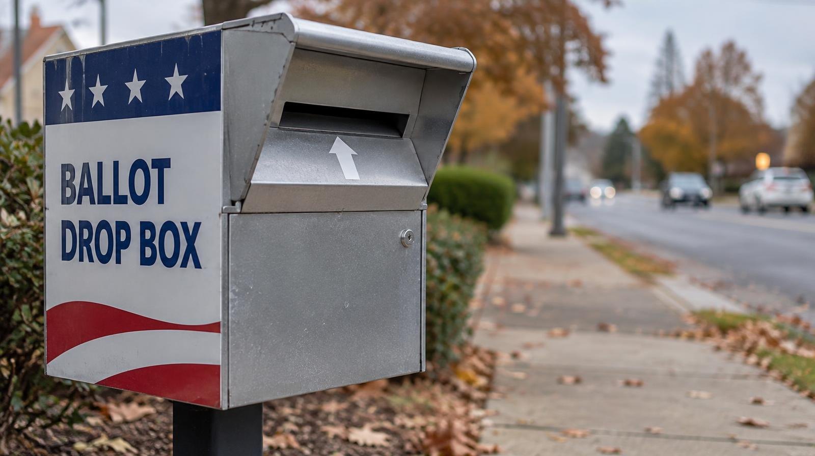 A metal ballot drop box mounted on a post beside a sidewalk on an overcast day.