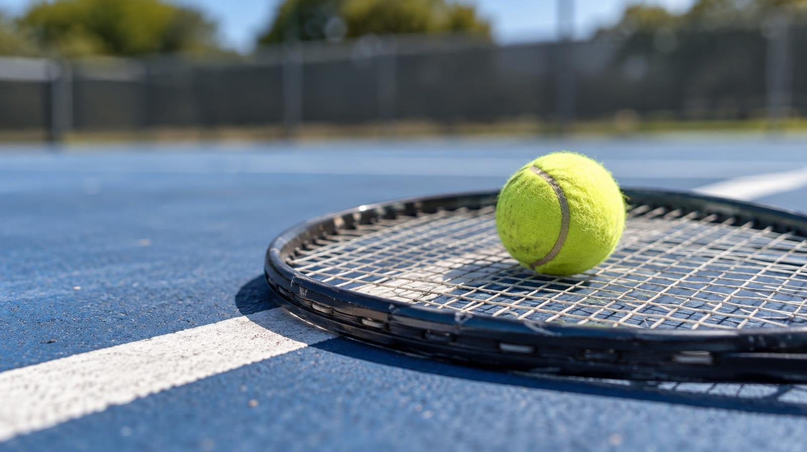 Yellow tennis ball resting on the strings of a racket on a blue hard court.