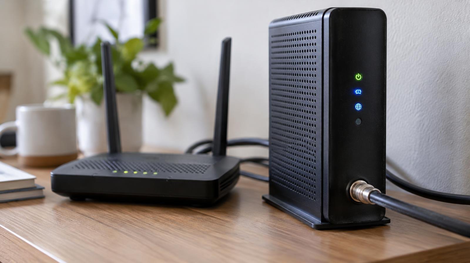 A coiled cable modem and wireless router sitting on a desk.