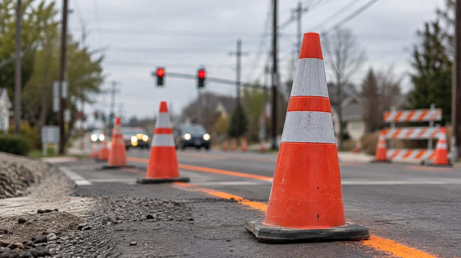 Orange traffic cones and utility poles along a suburban road construction zone.