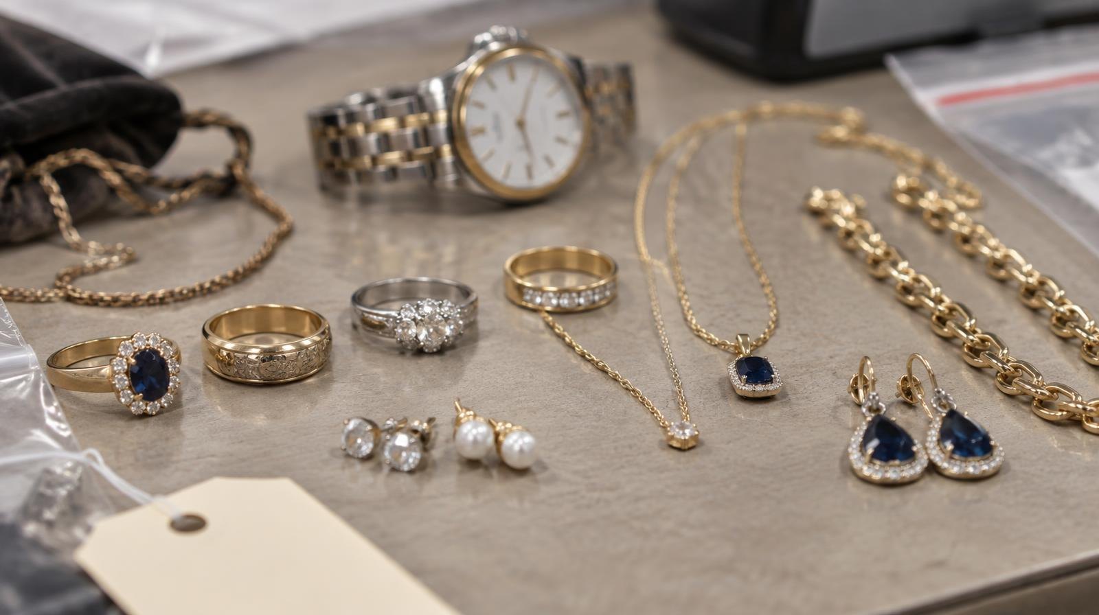 Rings, necklaces, earrings, and a watch laid out on a neutral surface.