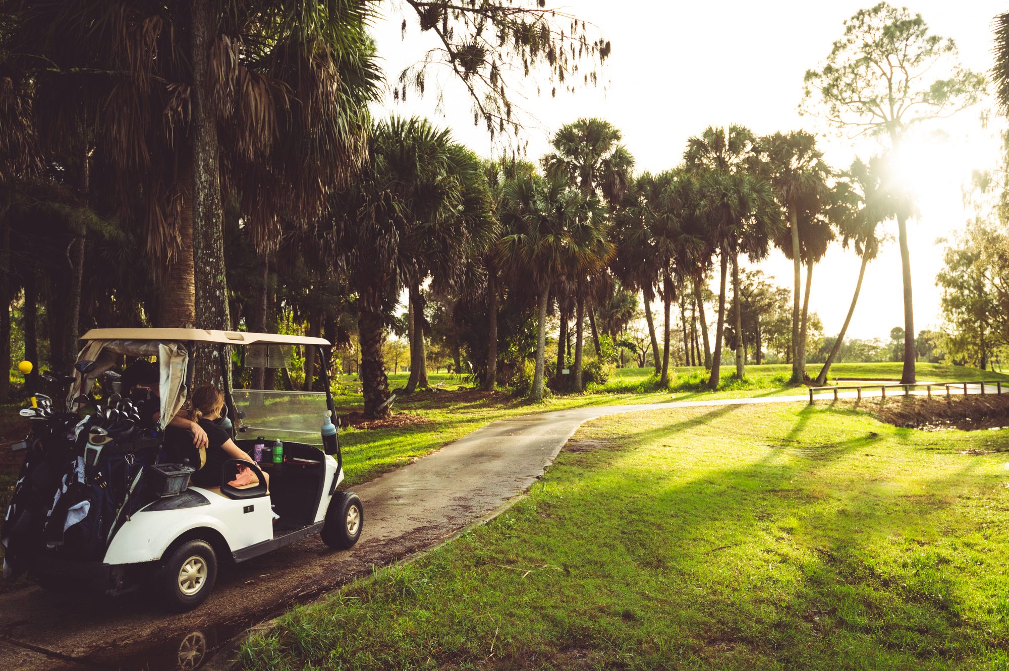 Father and daughter ride together in a golf cart on a scenic course