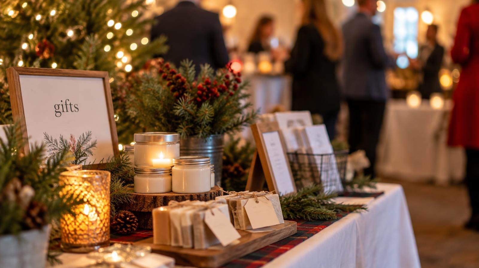 Decorated vendor table with product displays and holiday greenery and lights.