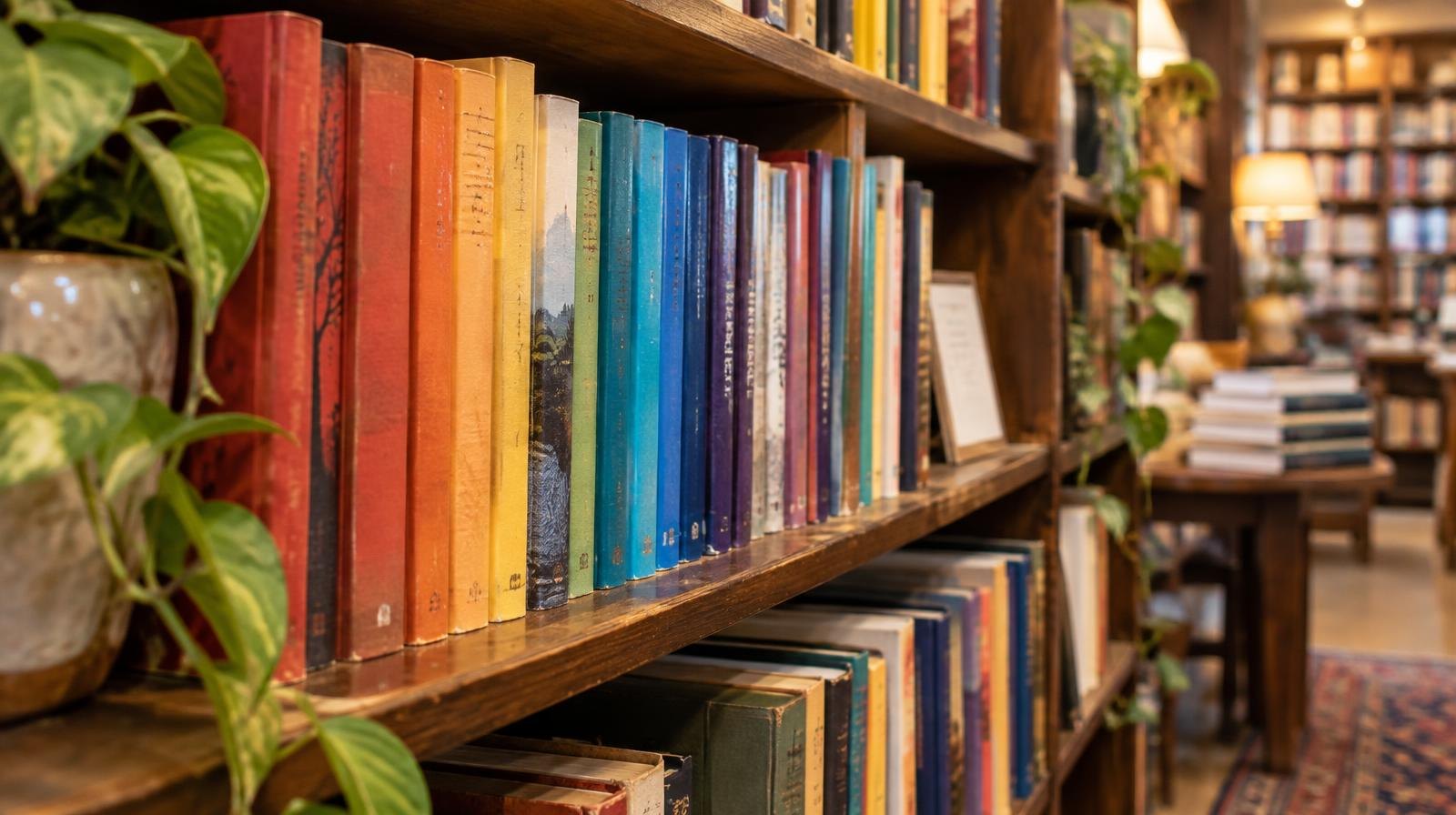 Rows of colorful books with rainbow spines arranged on wooden shelves under warm lighting.
