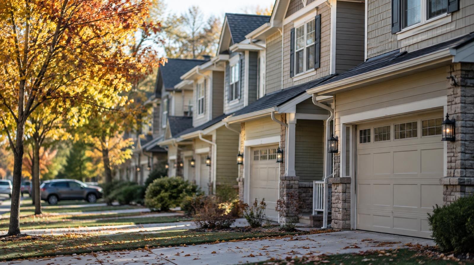 Row of duplex townhomes with attached garages along a tree-lined street in autumn.