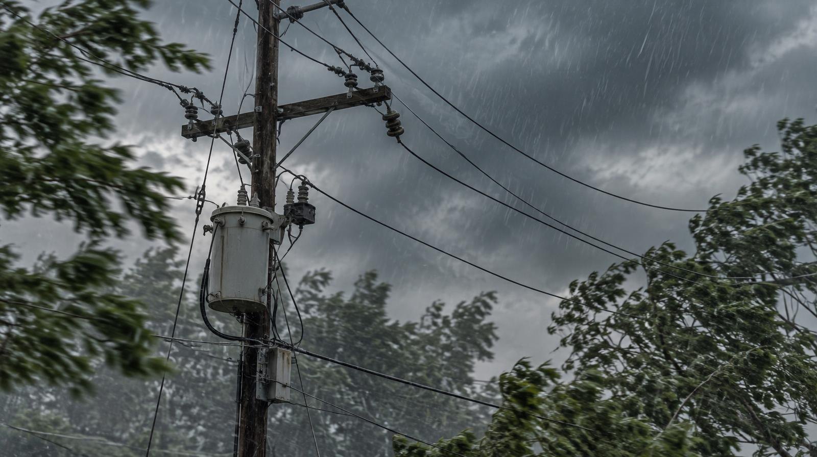 Utility pole with wires bending in heavy wind and rain amid swaying tree branches.