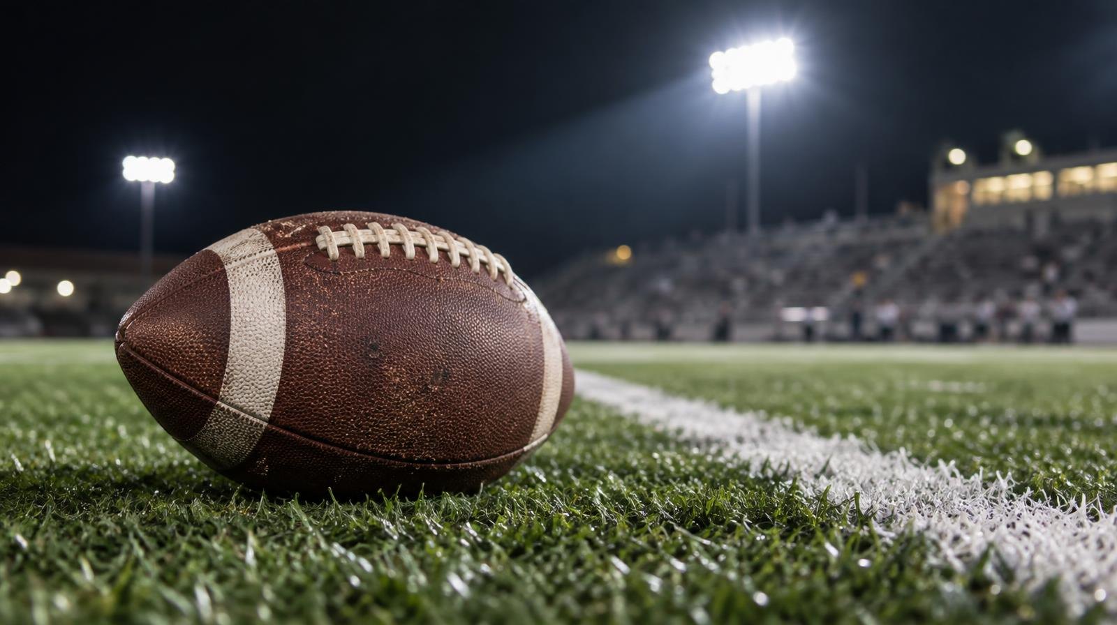 An American football on green artificial turf beside a white yard line under bright stadium lights.