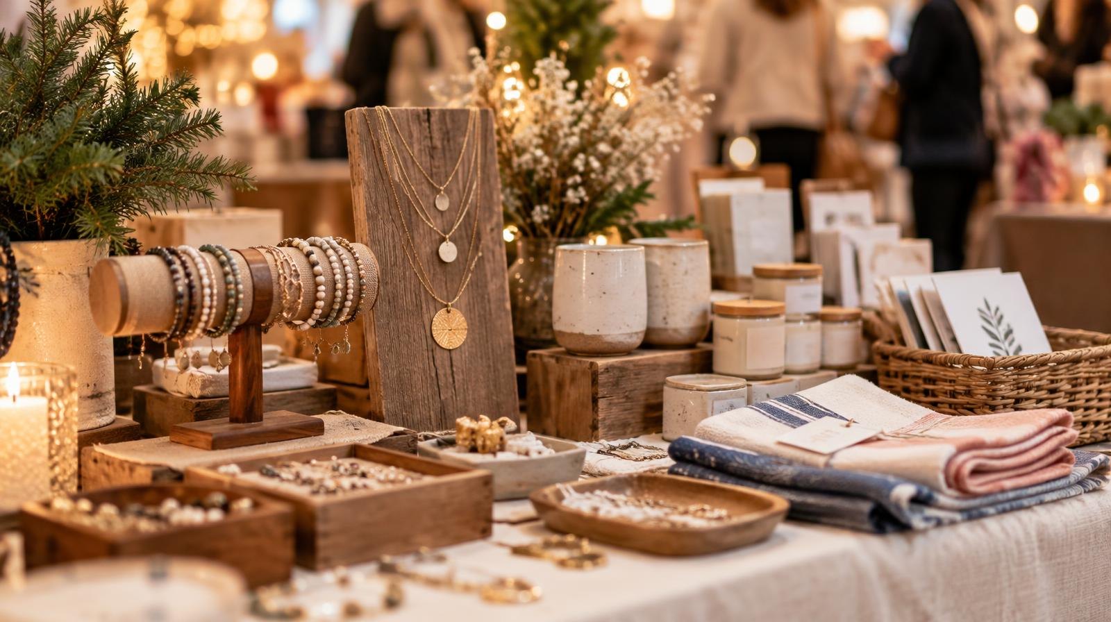 Display table with jewelry and small artisan goods arranged under warm indoor lighting.