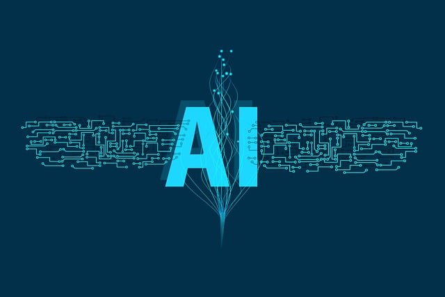 Stylized letters AI in cyan on a dark blue circuit-board background.