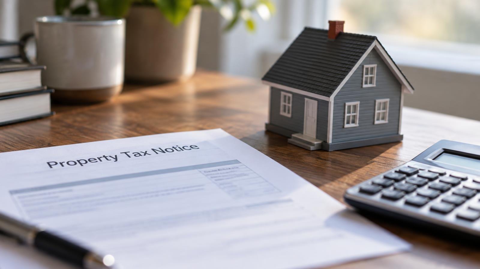Small model house and calculator beside a document on a wooden desk.