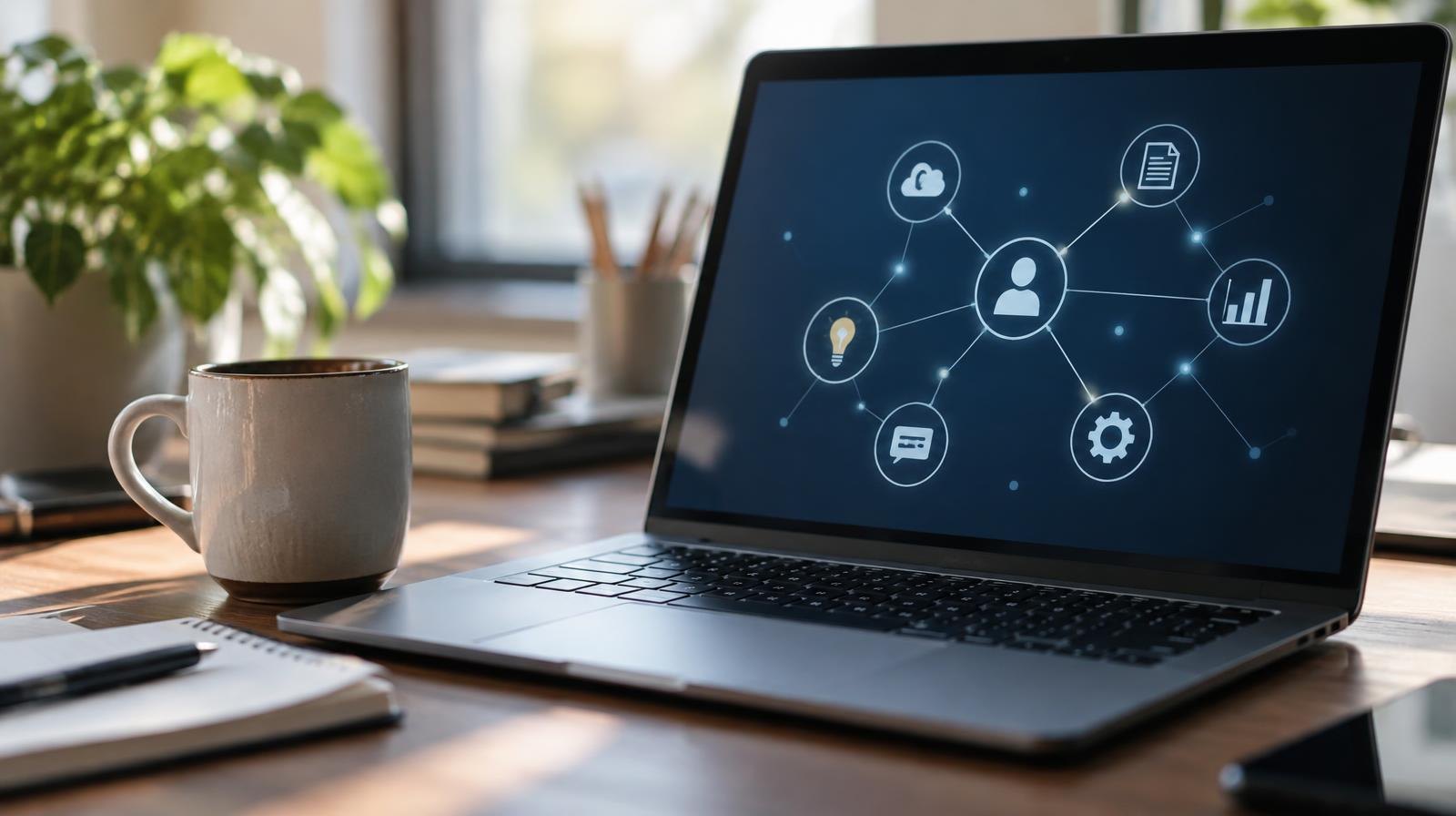Open laptop on a desk beside a coffee mug, screen showing a glowing network diagram.