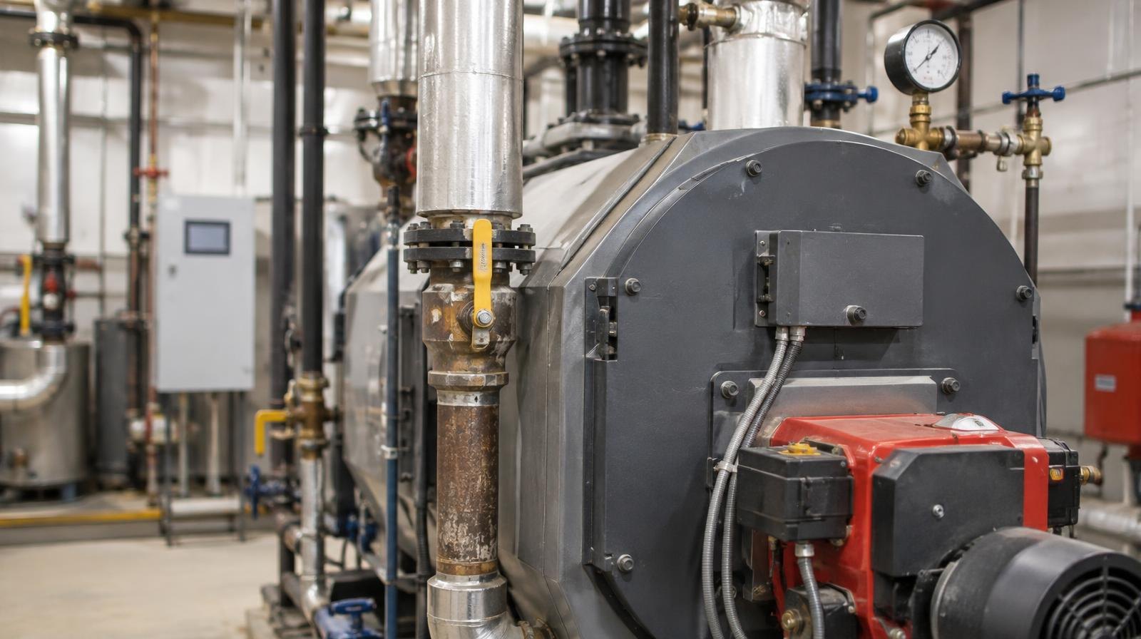 Large industrial boiler with pipes and valves in a mechanical room.