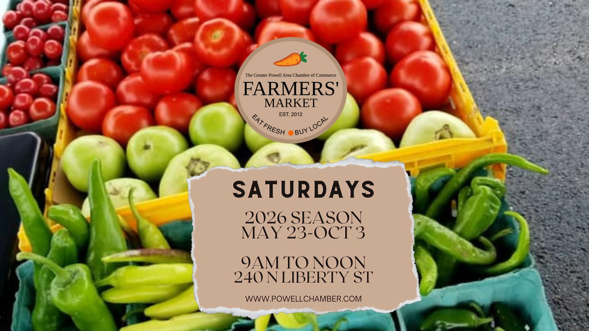 Promotional flyer for a farmers market showing fresh tomatoes, apples, and peppers.
