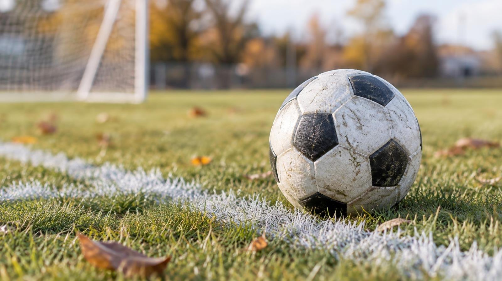 A soccer ball resting on a grass field near white painted penalty area lines.