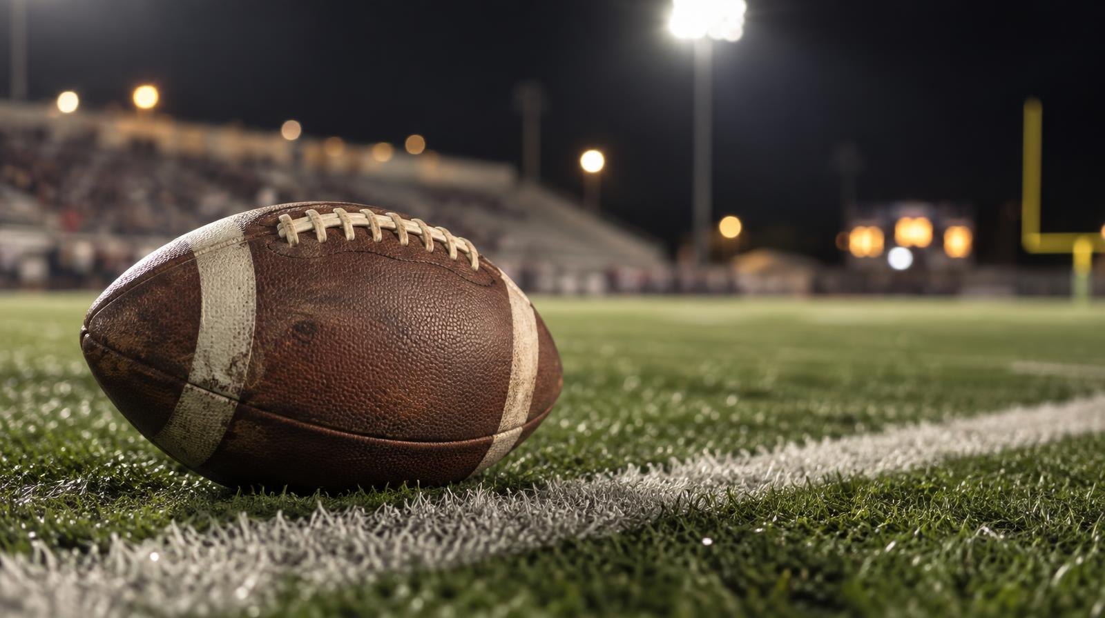 An American football on green artificial turf beside a white yard line under stadium lights.