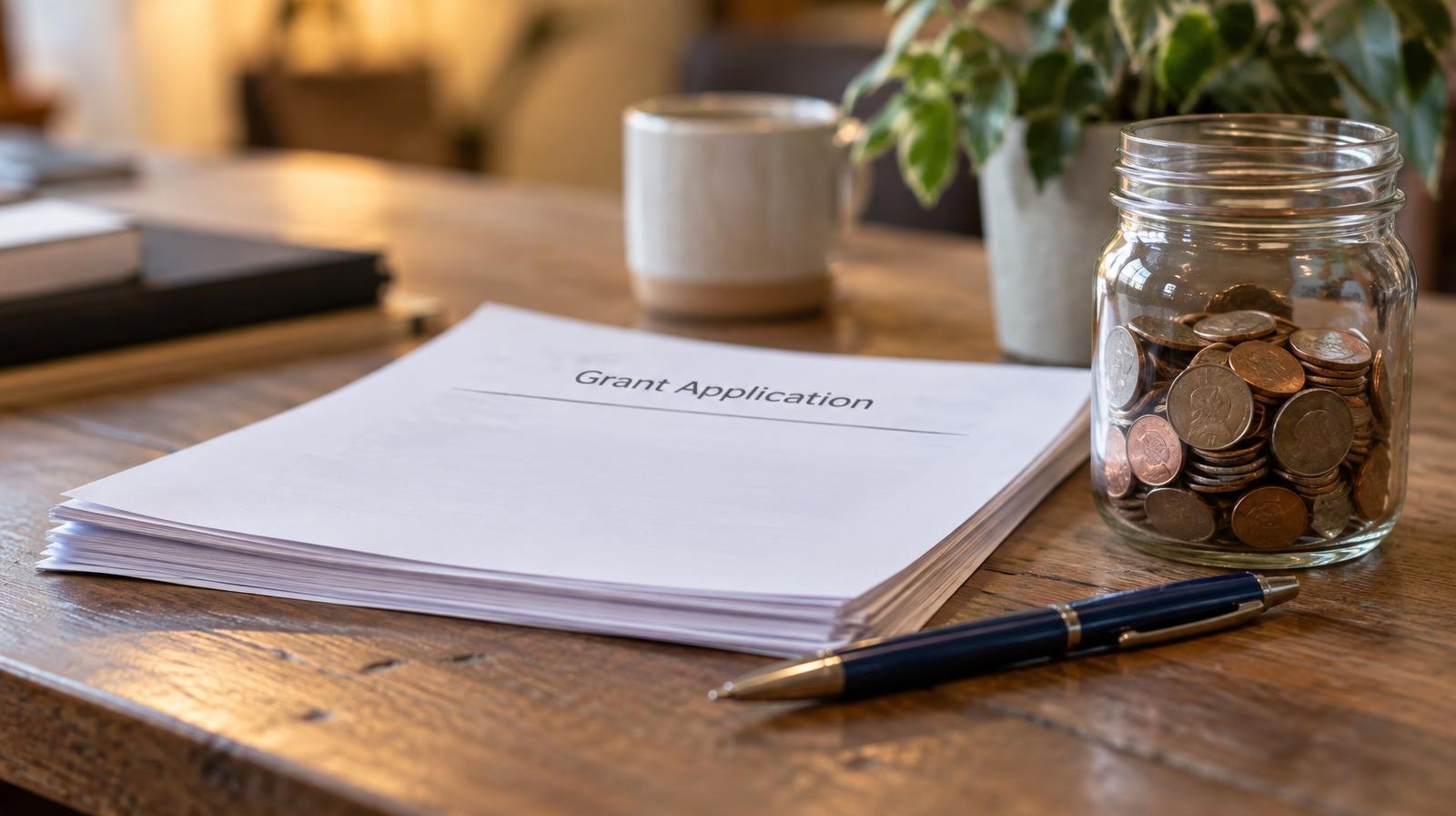 A pen, coins in a jar, and stacked papers on a wooden table.