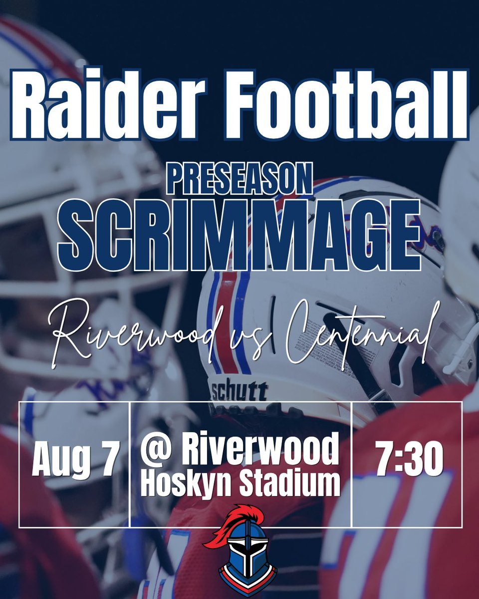 Promotional flyer for a Raider Football preseason scrimmage showing a football helmet and event details.