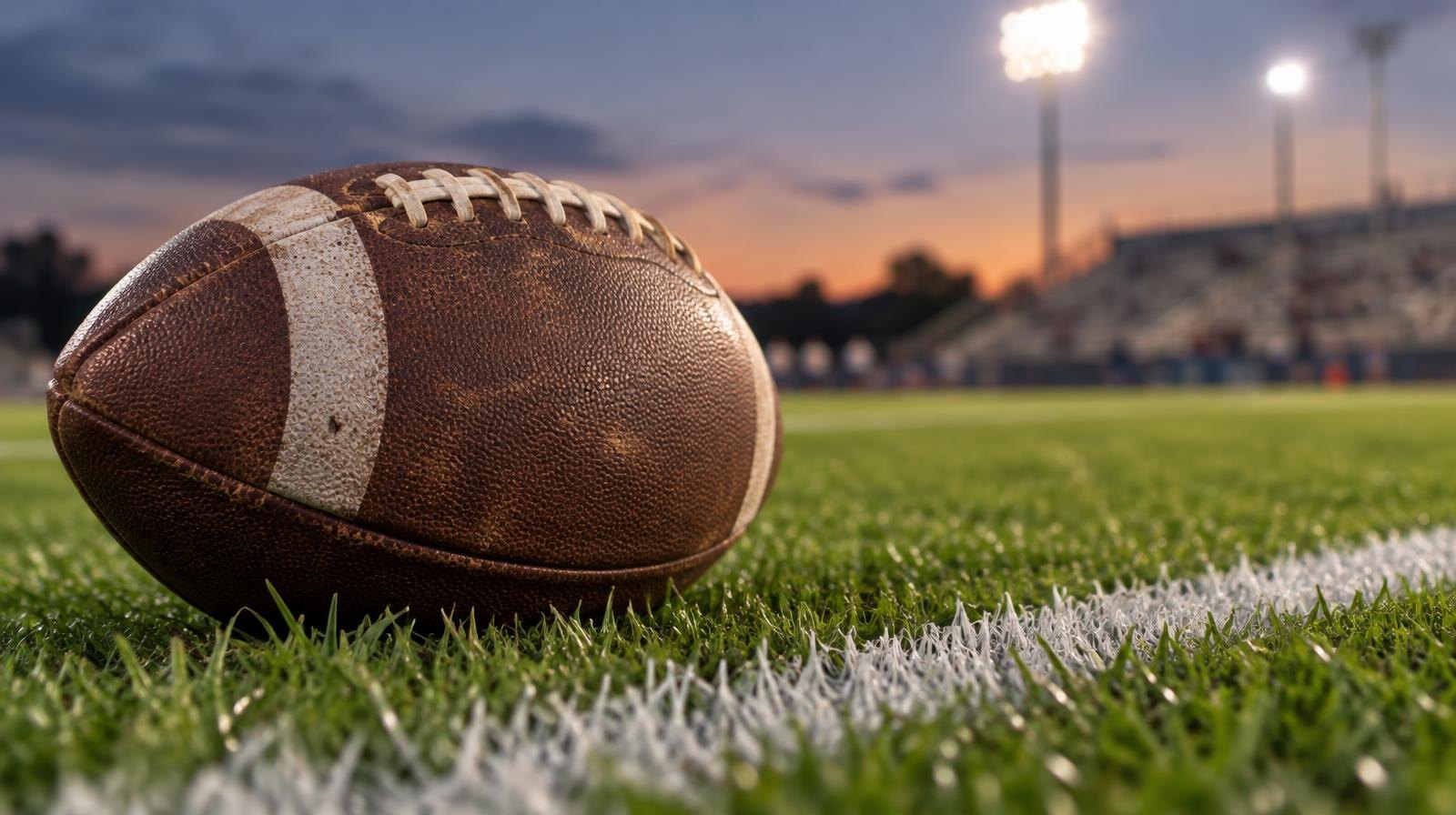 An American football resting on green grass beside a painted white yard line.