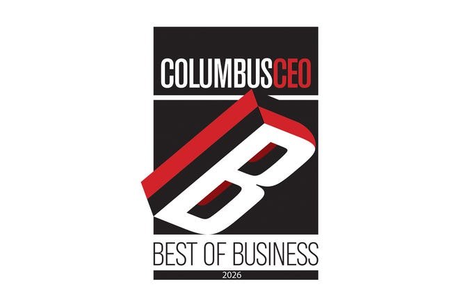 Black award badge with a stylized letter B and text reading Columbus CEO Best of Business 2026.