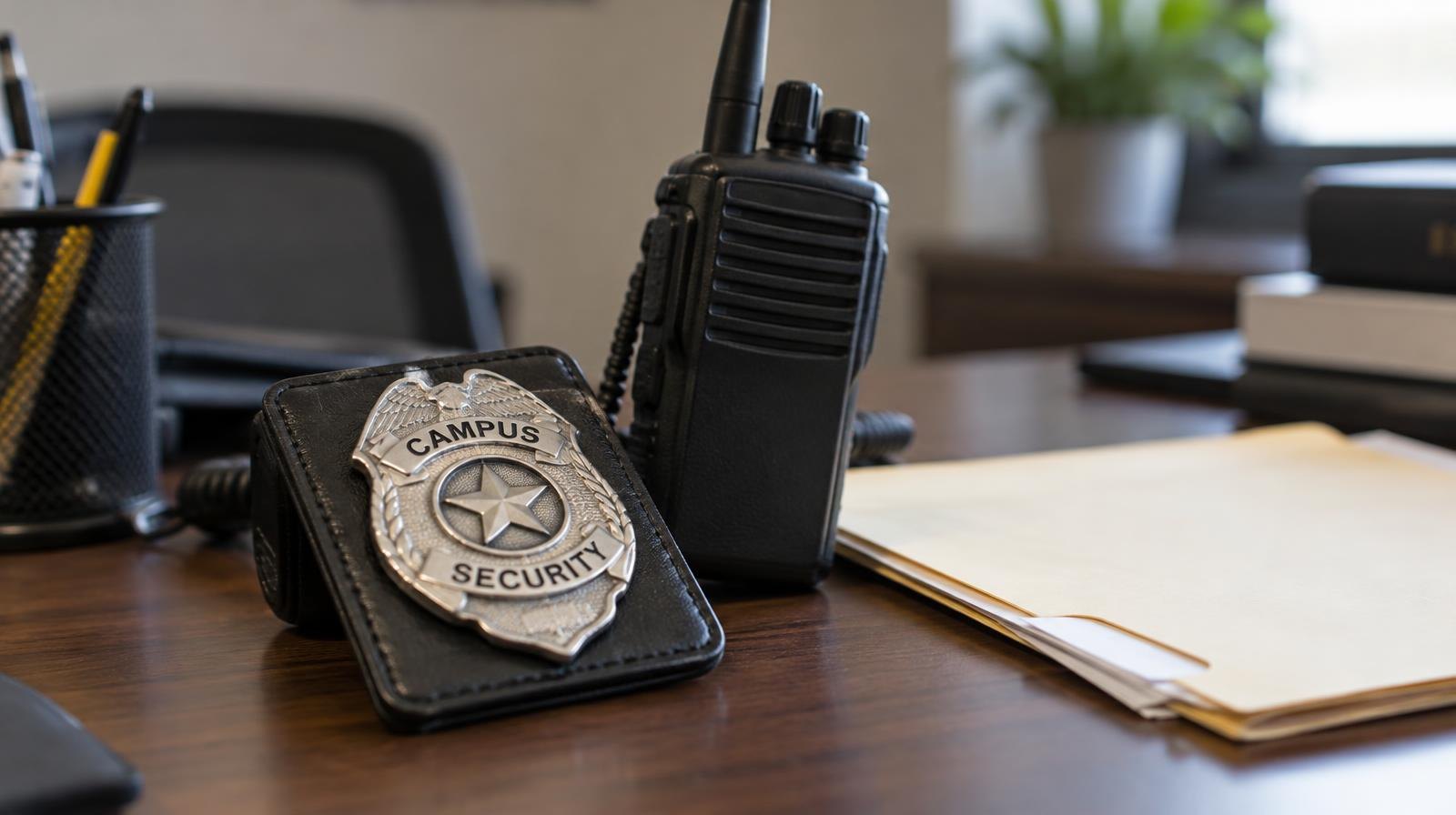 Security badge and two-way radio on a desk beside a manila folder.